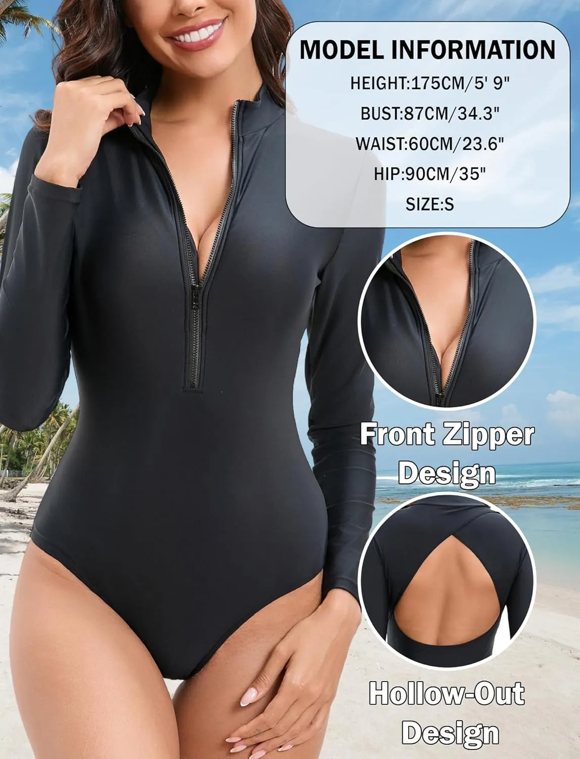 Women's One Piece Long Sleeve Swimsuit Tummy Control Zipper Bathing Suit Sexy Cut Out Swimwear