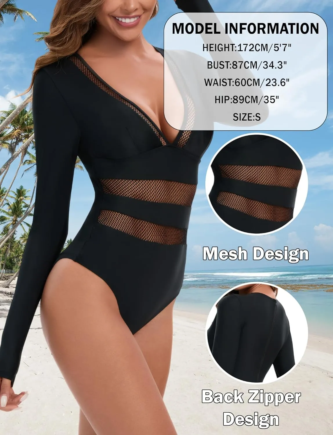Women's One Piece Long Sleeve Swimsuit Tummy Control Zipper Bathing Suit Sexy Cut Out Swimwear