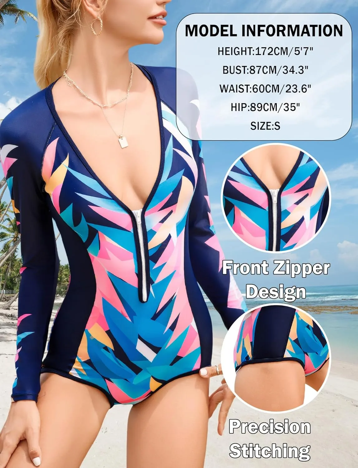 Women's One Piece Long Sleeve Swimsuit Tummy Control Zipper Bathing Suit Sexy Cut Out Swimwear