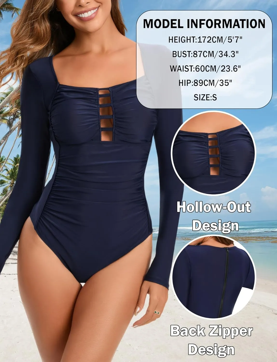 Women's One Piece Long Sleeve Swimsuit Tummy Control Zipper Bathing Suit Sexy Cut Out Swimwear