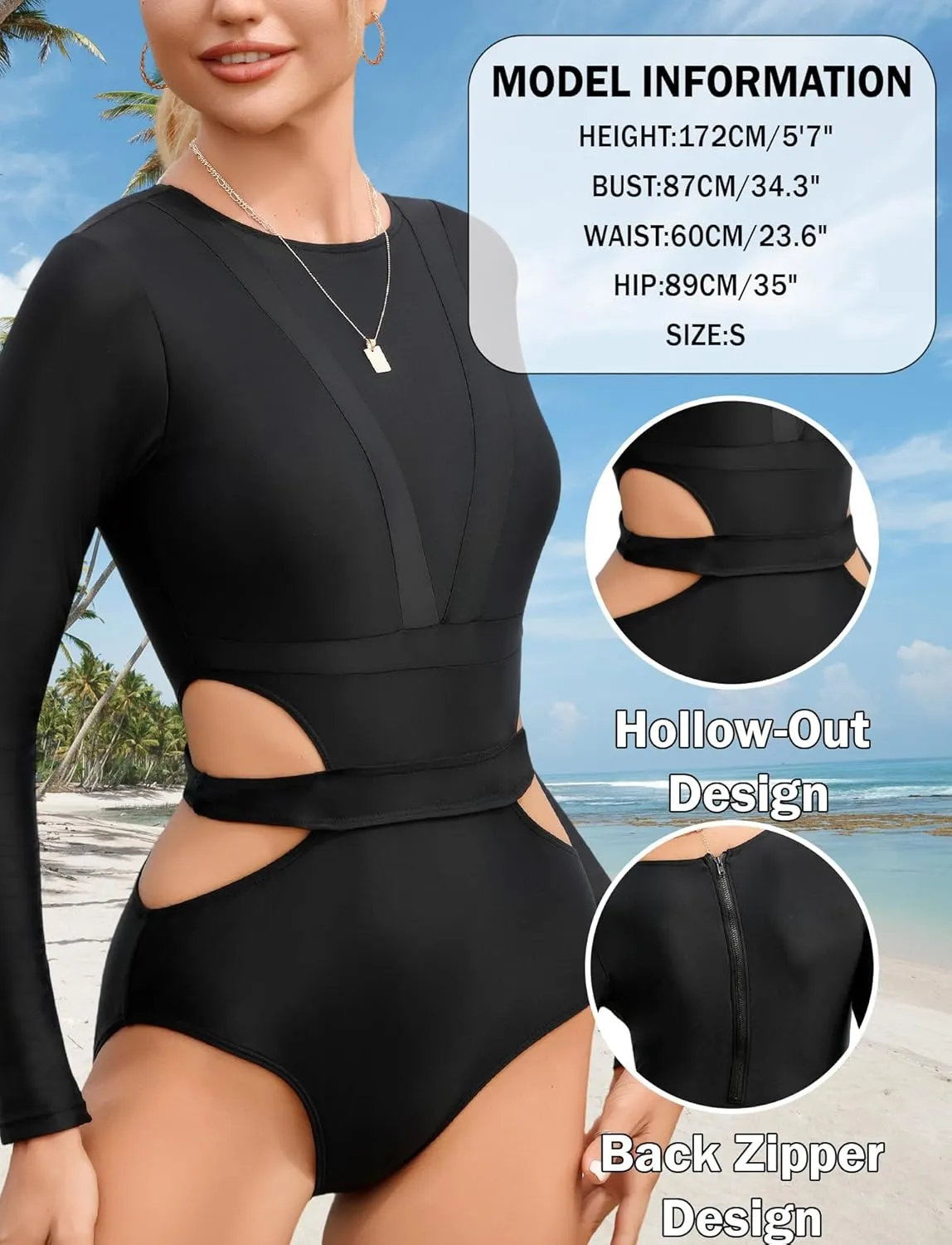 Women's One Piece Long Sleeve Swimsuit Tummy Control Zipper Bathing Suit Sexy Cut Out Swimwear