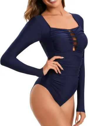 Women's One Piece Long Sleeve Swimsuit Tummy Control Zipper Bathing Suit Sexy Cut Out Swimwear