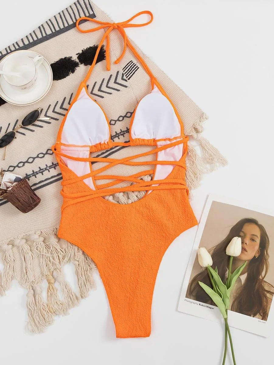 Women's One-Piece Swimsuit GFIT SPORTS - Sexy String Design, Orange, Beach & Pool Ready