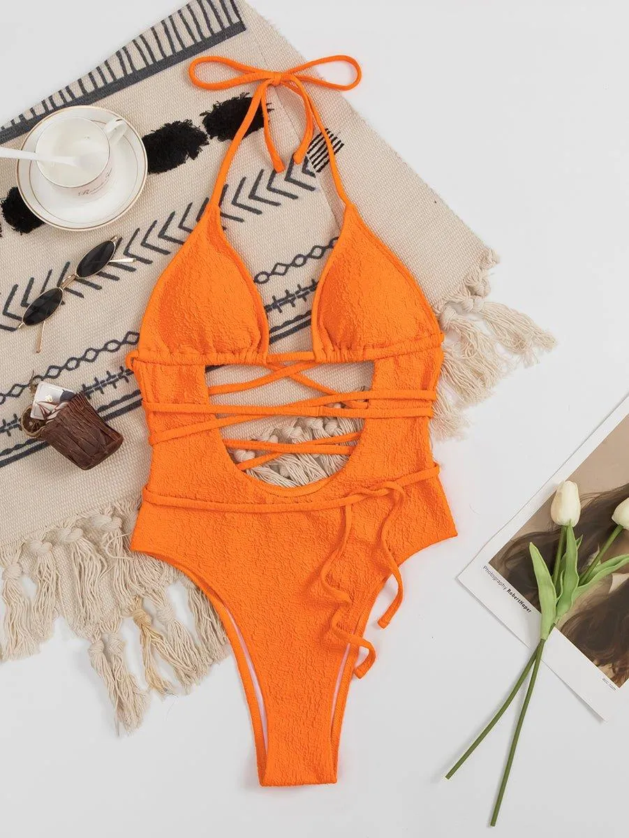 Women's One-Piece Swimsuit GFIT SPORTS - Sexy String Design, Orange, Beach & Pool Ready