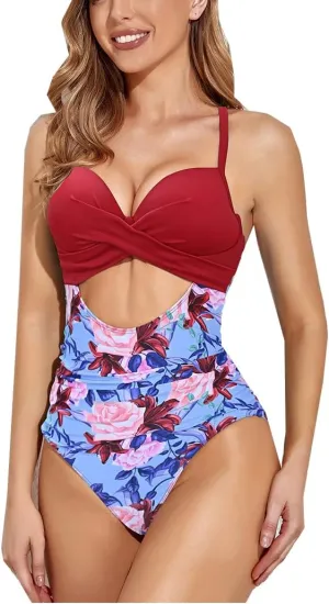 Womens One Piece Swimsuit Tummy Control High Cut Backless V Neck Bathing Suits Swimwear One Piece Swimwear