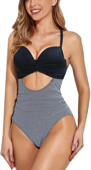 Womens One Piece Swimsuit Tummy Control High Cut Backless V Neck Bathing Suits Swimwear One Piece Swimwear
