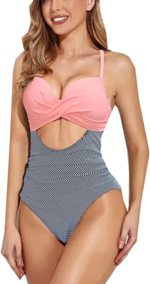 Womens One Piece Swimsuit Tummy Control High Cut Backless V Neck Bathing Suits Swimwear One Piece Swimwear