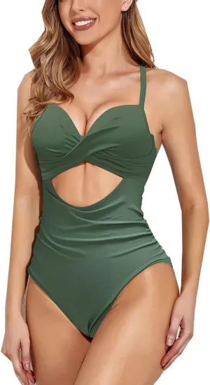 Womens One Piece Swimsuit Tummy Control High Cut Backless V Neck Bathing Suits Swimwear One Piece Swimwear