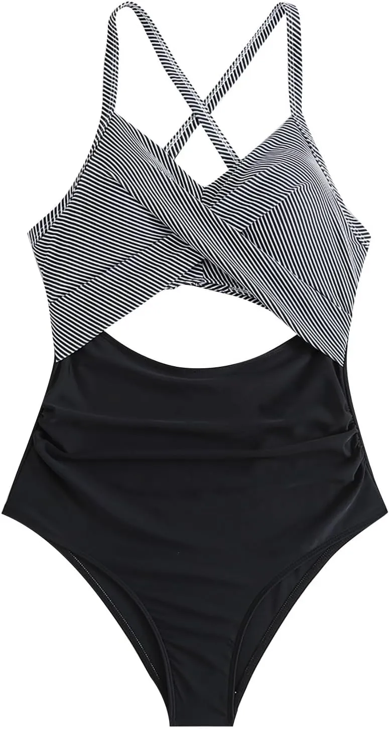 Womens One Piece Swimsuits Hanging Neck Strap Backless Swimwear Tummy Control Monokini High Waisted Bathing Suit