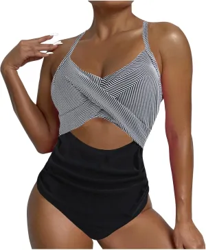 Womens One Piece Swimsuits Hanging Neck Strap Backless Swimwear Tummy Control Monokini High Waisted Bathing Suit