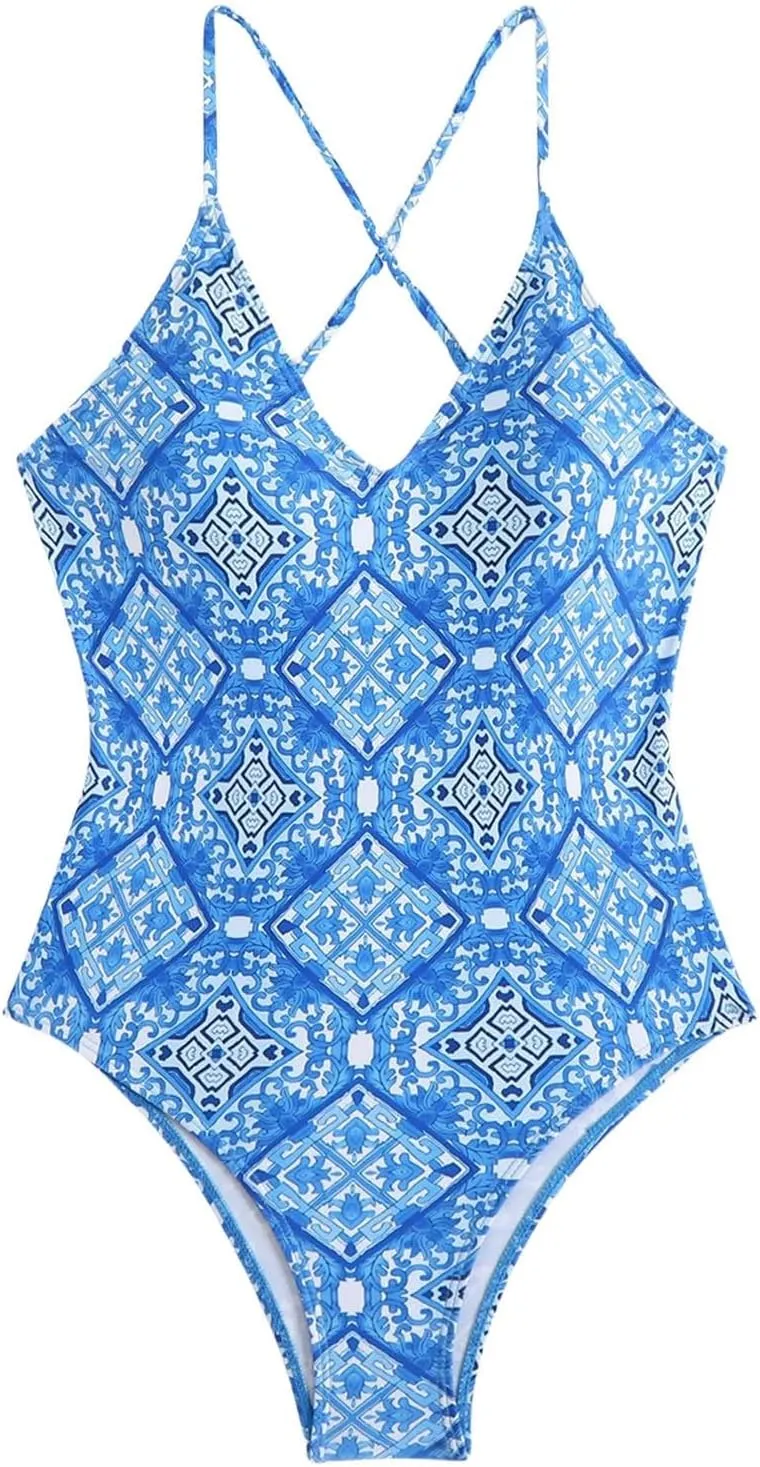 Women's One Piece Swimsuits Tummy Control Bathing Suits Cross Backless Cutout High Cut Ruched Adjustable Strap Swimwear
