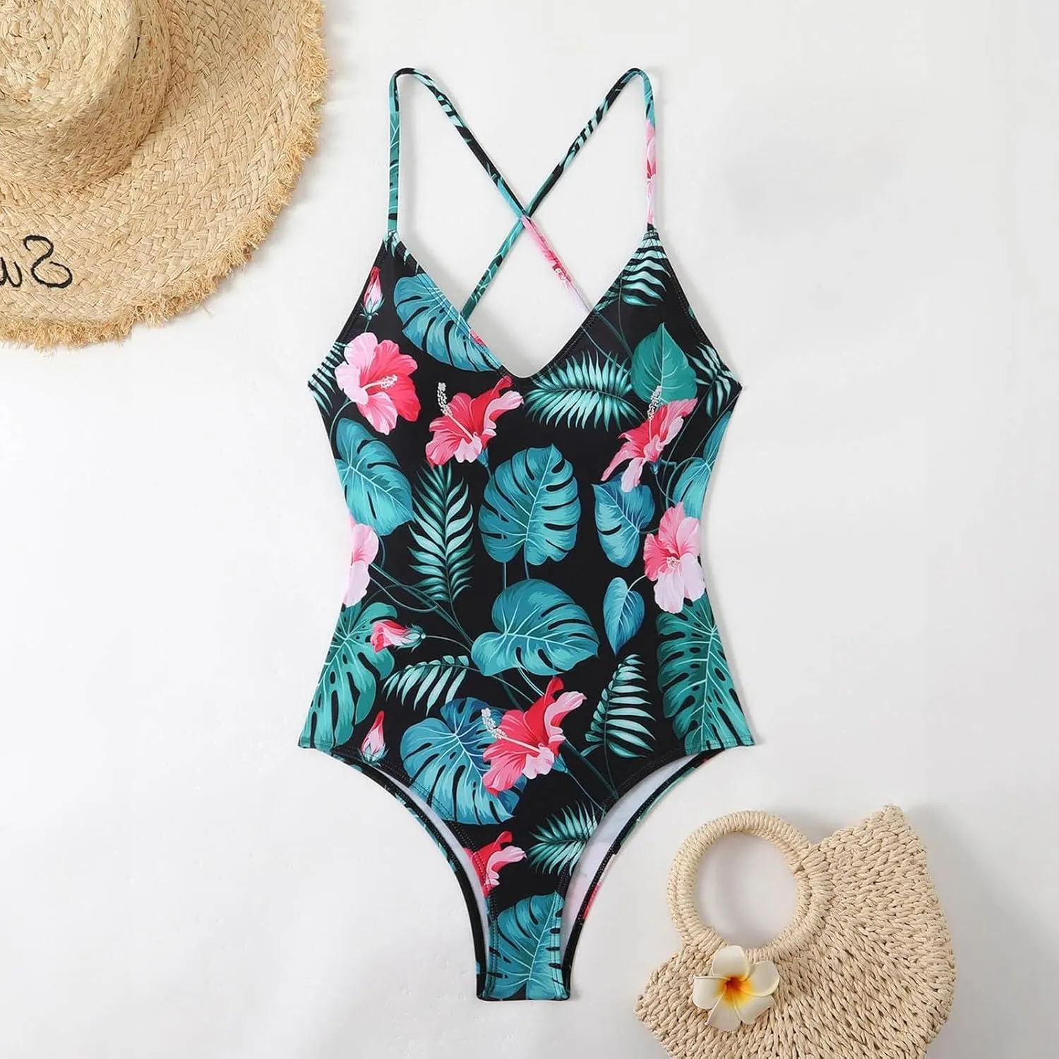 Women's One Piece Swimsuits Tummy Control Bathing Suits Cross Backless Cutout High Cut Ruched Adjustable Strap Swimwear
