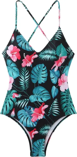 Women's One Piece Swimsuits Tummy Control Bathing Suits Cross Backless Cutout High Cut Ruched Adjustable Strap Swimwear