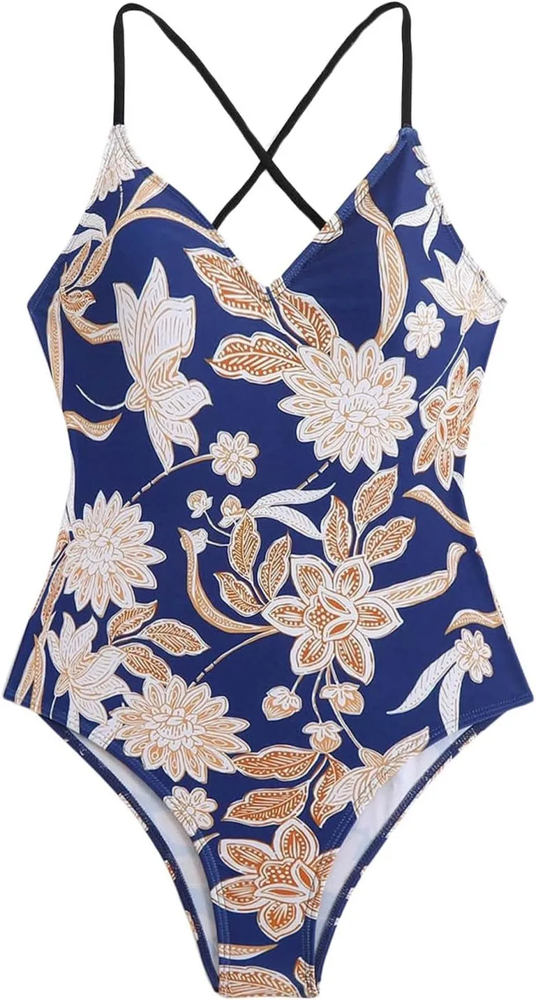 Women's One Piece Swimsuits Tummy Control Bathing Suits Cross Backless Cutout High Cut Ruched Adjustable Strap Swimwear