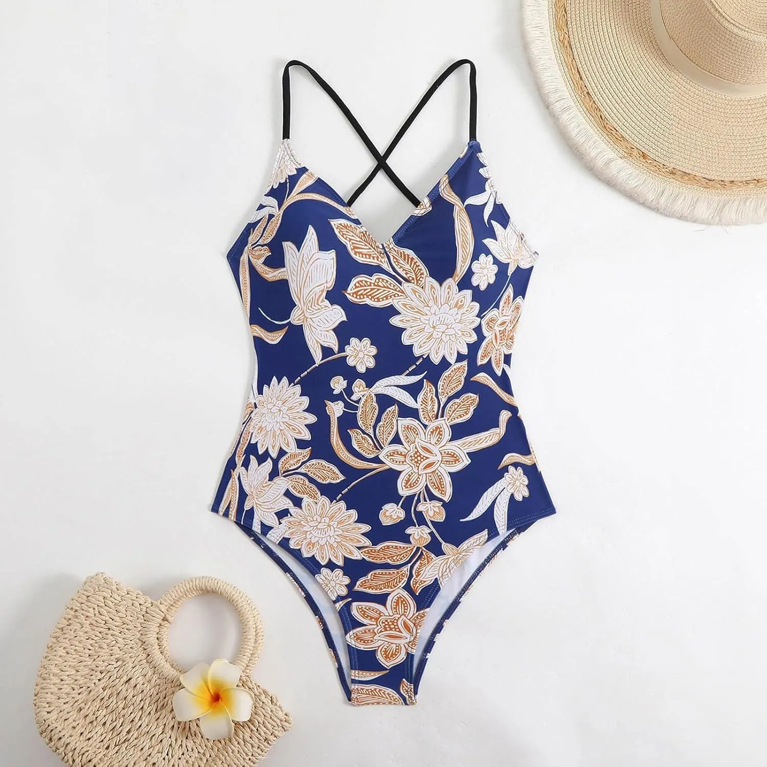 Women's One Piece Swimsuits Tummy Control Bathing Suits Cross Backless Cutout High Cut Ruched Adjustable Strap Swimwear
