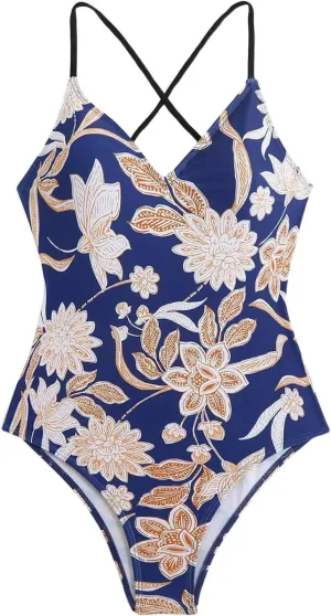 Women's One Piece Swimsuits Tummy Control Bathing Suits Cross Backless Cutout High Cut Ruched Adjustable Strap Swimwear