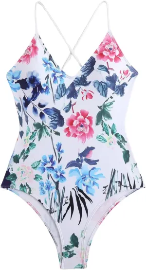 Women's One Piece Swimsuits Tummy Control Bathing Suits Cross Backless Cutout High Cut Ruched Adjustable Strap Swimwear