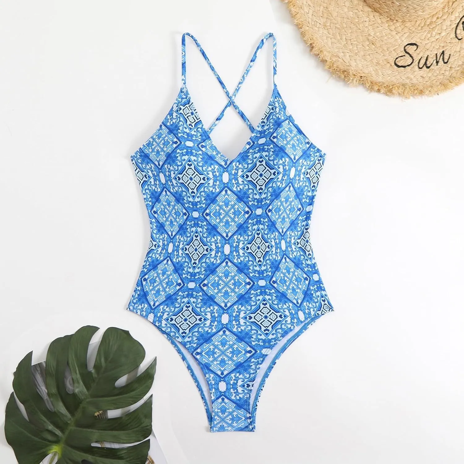 Women's One Piece Swimsuits Tummy Control Bathing Suits Cross Backless Cutout High Cut Ruched Adjustable Strap Swimwear