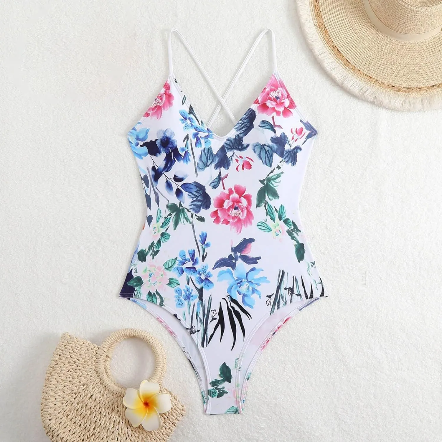 Women's One Piece Swimsuits Tummy Control Bathing Suits Cross Backless Cutout High Cut Ruched Adjustable Strap Swimwear