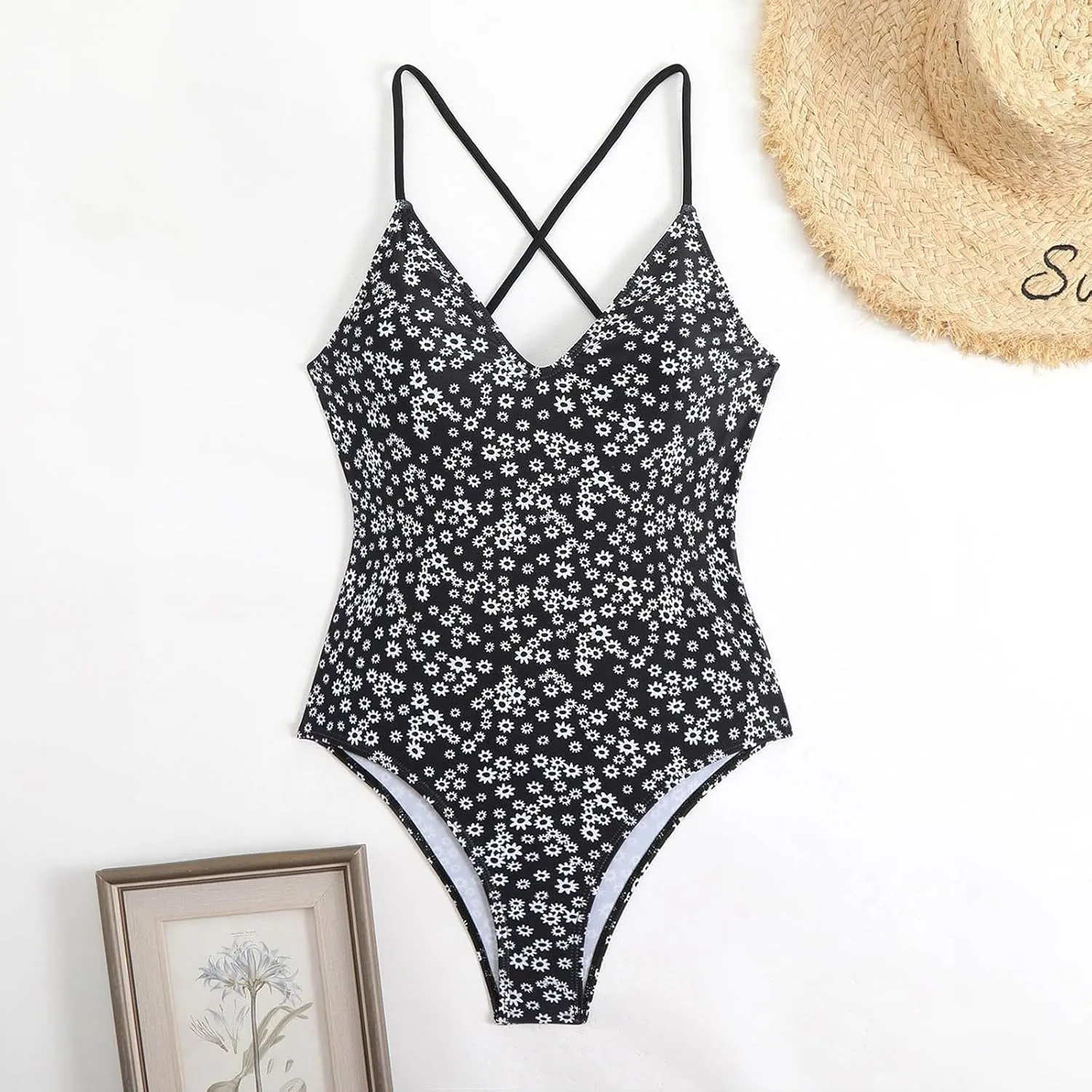 Women's One Piece Swimsuits Tummy Control Bathing Suits Cross Backless Cutout High Cut Ruched Adjustable Strap Swimwear