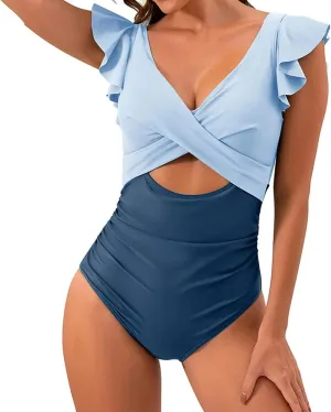 Women's One Piece Swimsuits Tummy Control High Waisted Bikini Ruffle Sleeve Wrap Backless Bathing Suits Sexy Beach Tankinis