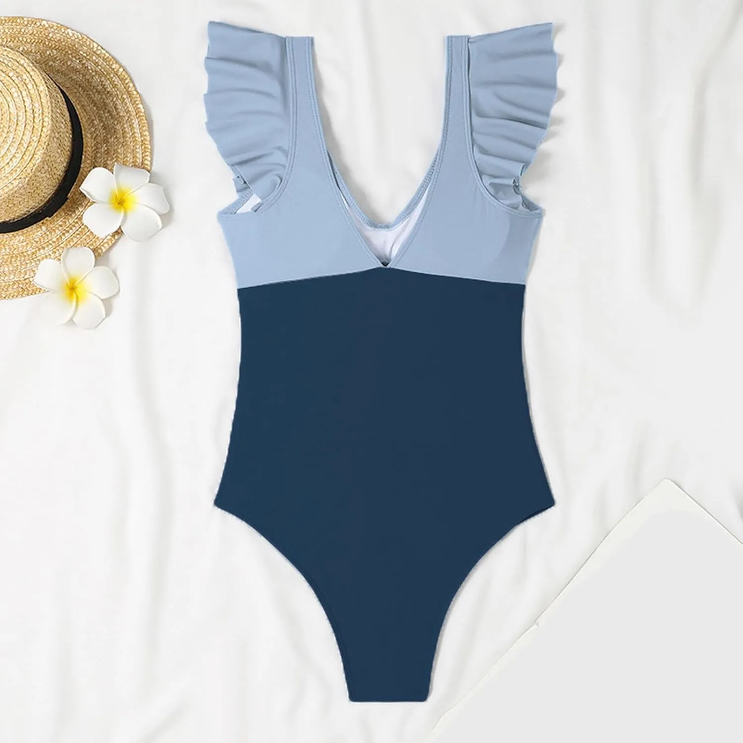 Women's One Piece Swimsuits Tummy Control High Waisted Bikini Ruffle Sleeve Wrap Backless Bathing Suits Sexy Beach Tankinis