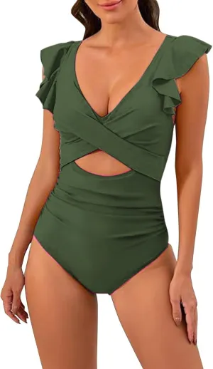 Women's One Piece Swimsuits Tummy Control High Waisted Bikini Ruffle Sleeve Wrap Backless Bathing Suits Sexy Beach Tankinis