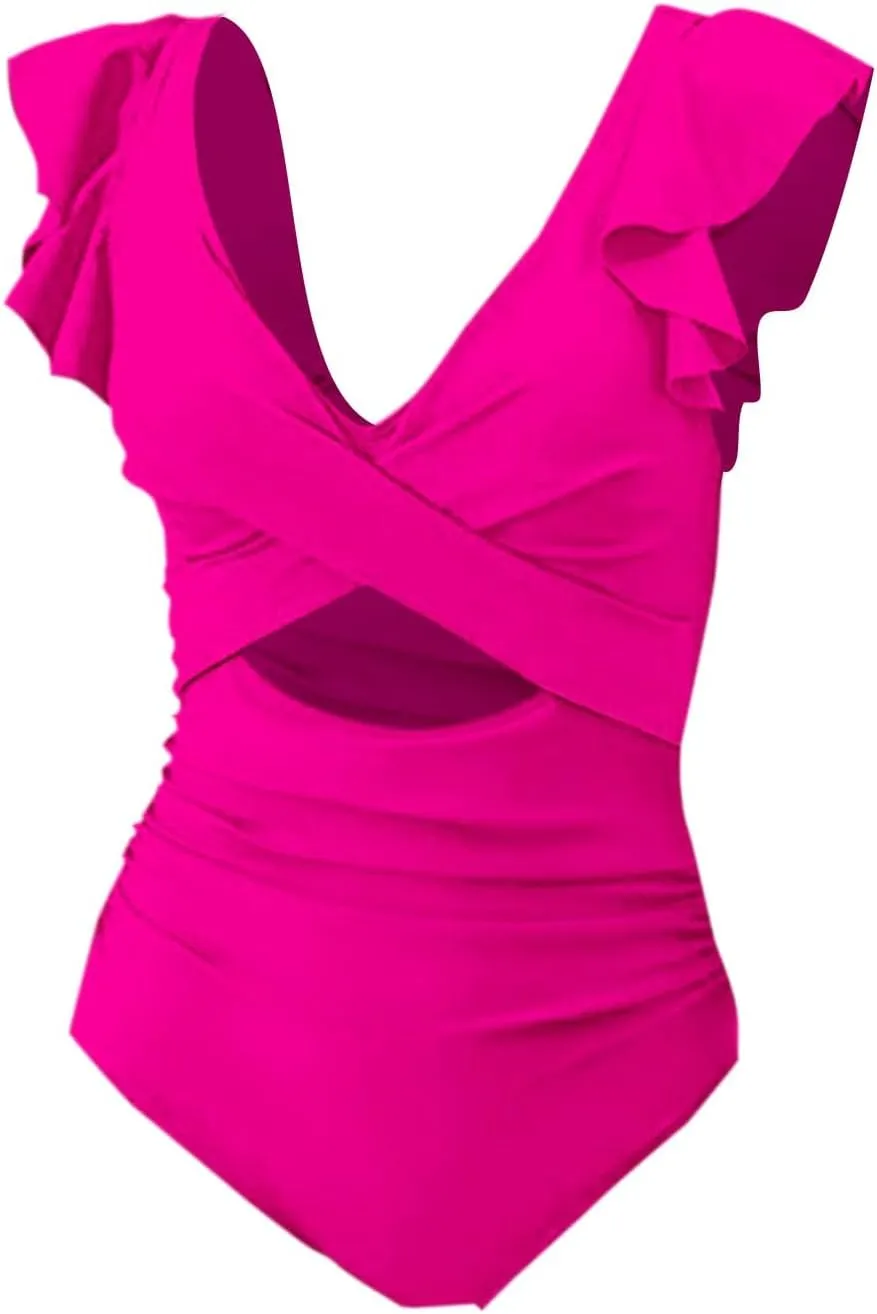 Women's One Piece Swimsuits Tummy Control High Waisted Bikini Ruffle Sleeve Wrap Backless Bathing Suits Sexy Beach Tankinis