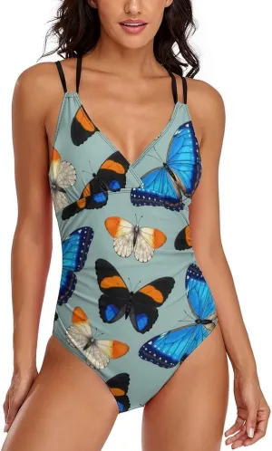 Women's One Piece Swimwear Strappy Crossed Tummy Control Colorful Butterfly Aesthetic Conservative Swimwear