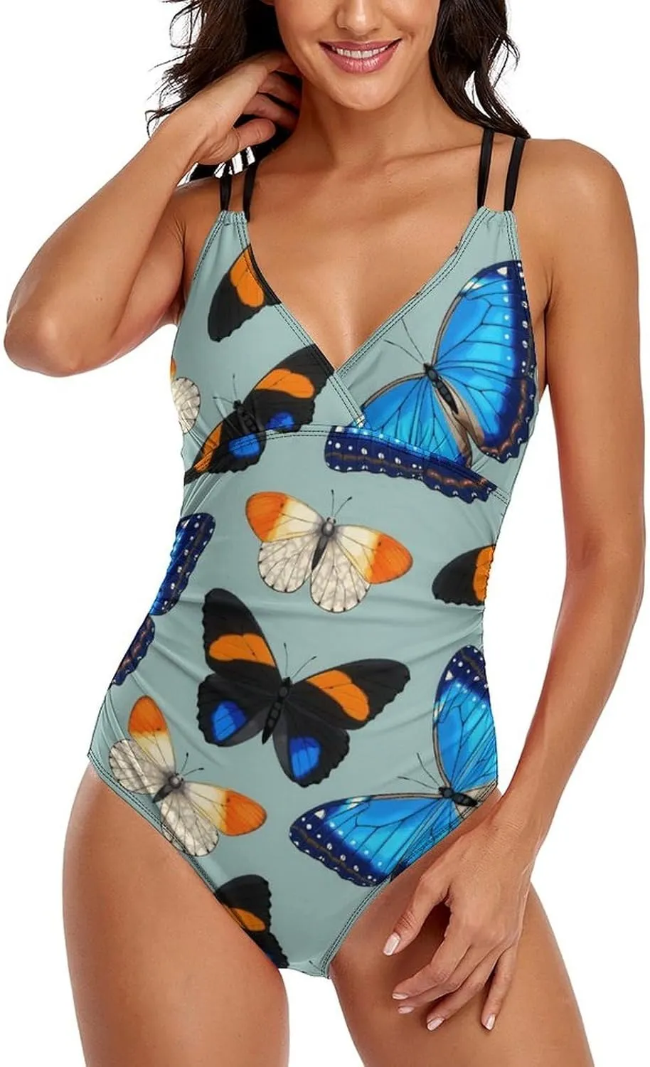 Women's One Piece Swimwear Strappy Crossed Tummy Control Colorful Butterfly Aesthetic Conservative Swimwear