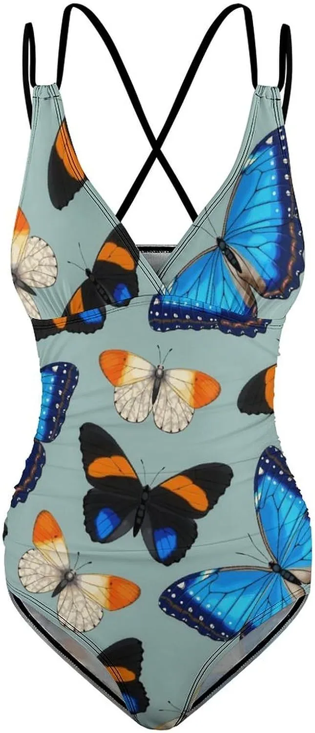 Women's One Piece Swimwear Strappy Crossed Tummy Control Colorful Butterfly Aesthetic Conservative Swimwear