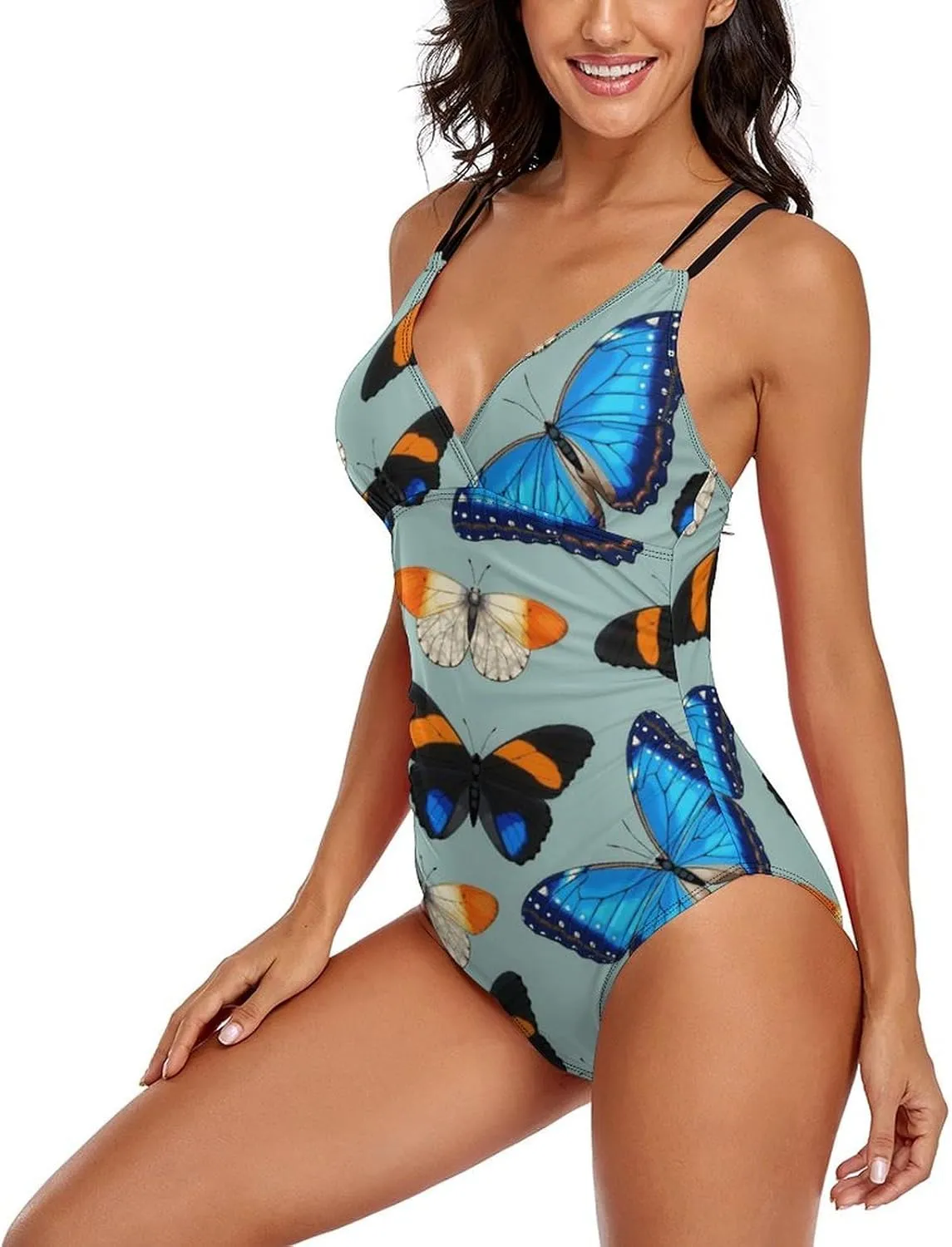 Women's One Piece Swimwear Strappy Crossed Tummy Control Colorful Butterfly Aesthetic Conservative Swimwear