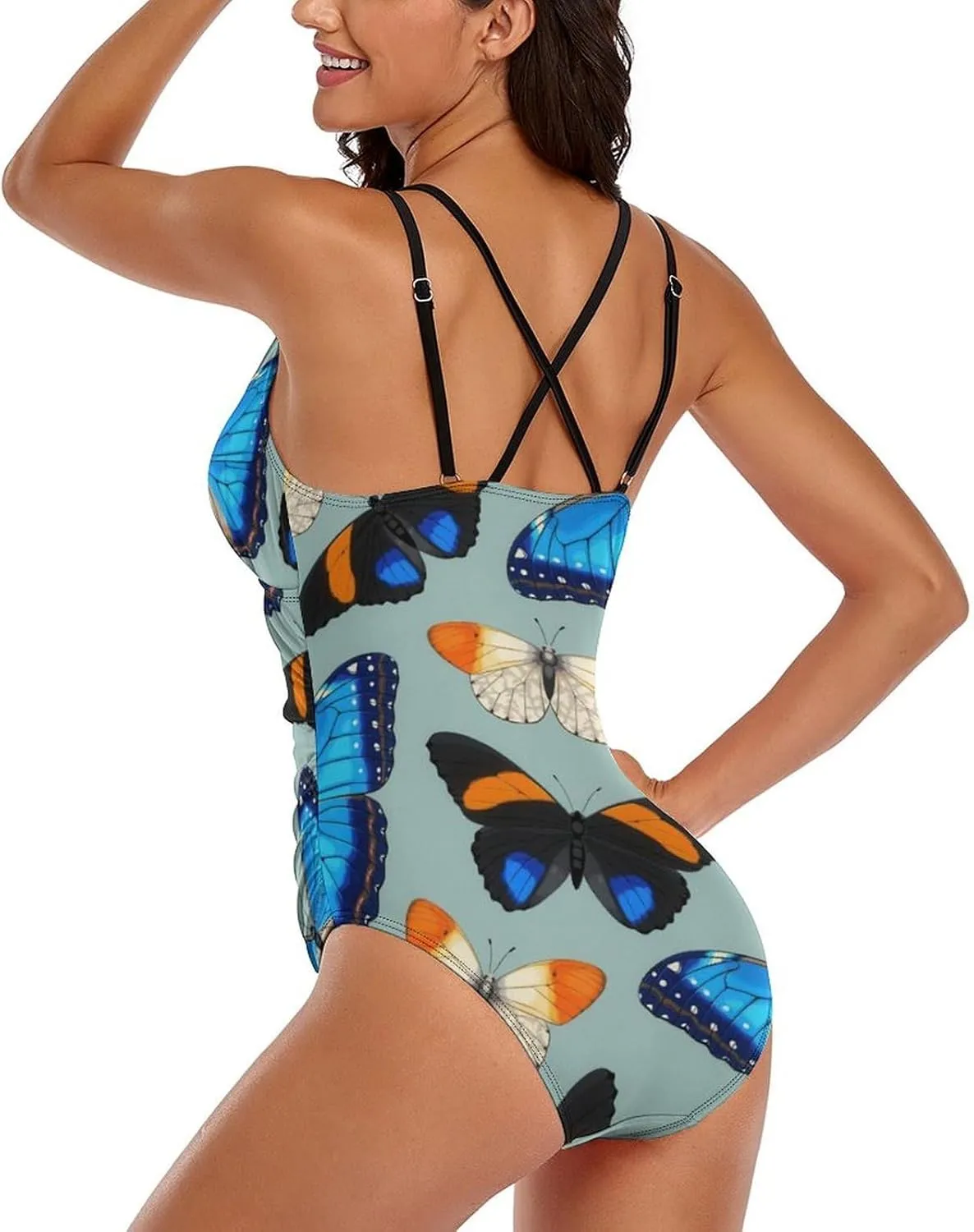 Women's One Piece Swimwear Strappy Crossed Tummy Control Colorful Butterfly Aesthetic Conservative Swimwear