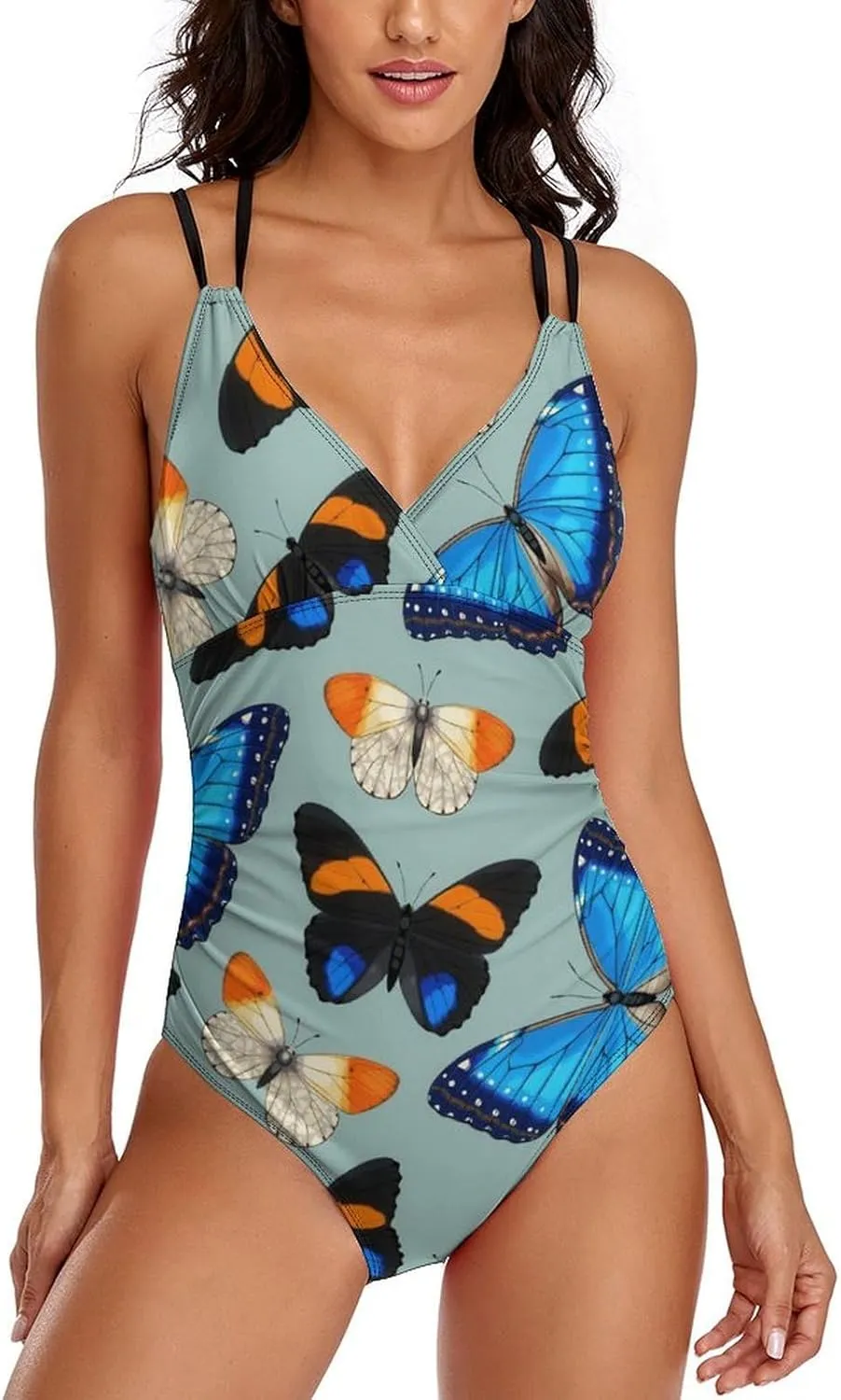 Women's One Piece Swimwear Strappy Crossed Tummy Control Colorful Butterfly Aesthetic Conservative Swimwear