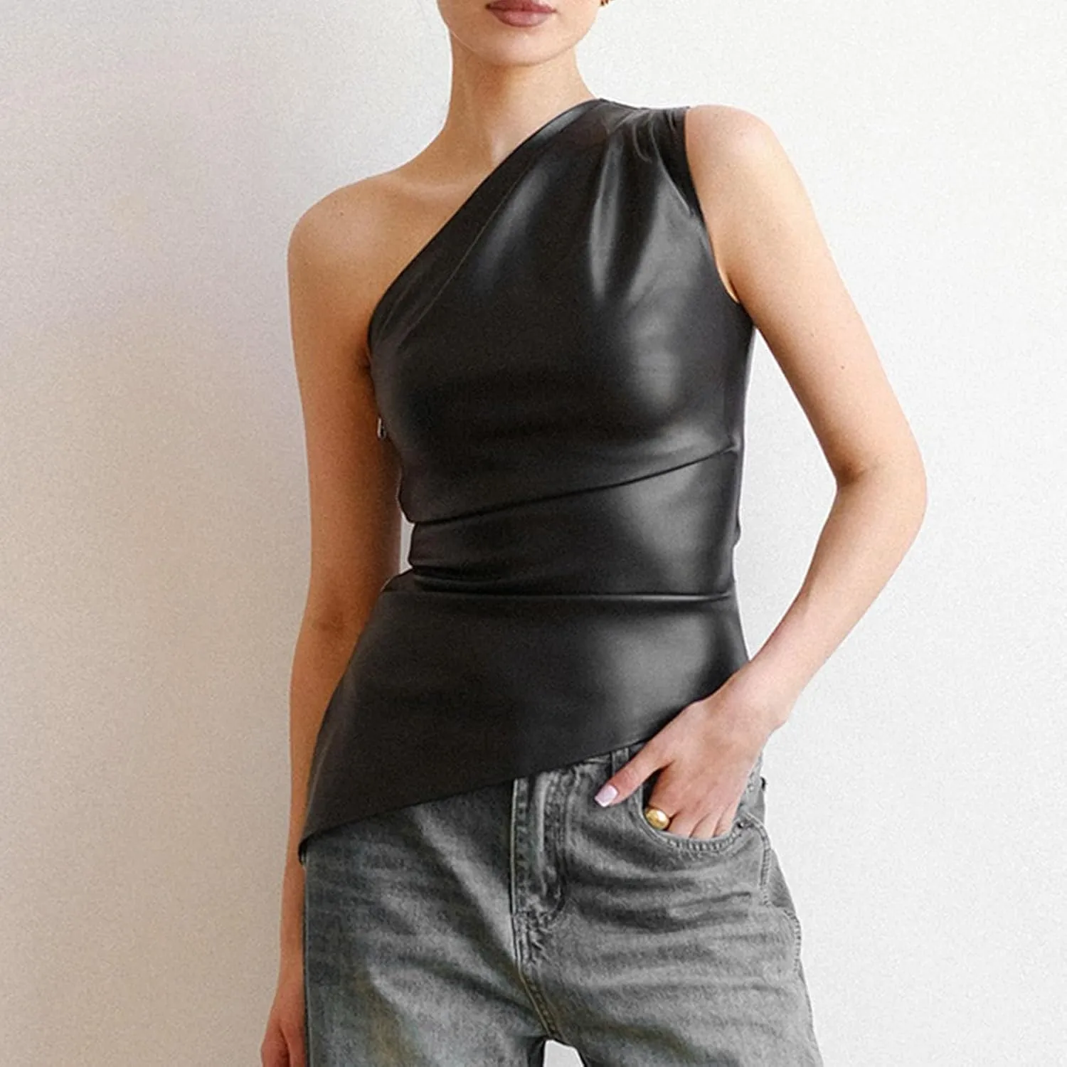 Women's One Shoulder Sleeveless Leather Tank Tops with Side Zipper Pleated Slim Asymmetrical Hem Trendy Summer Blouse