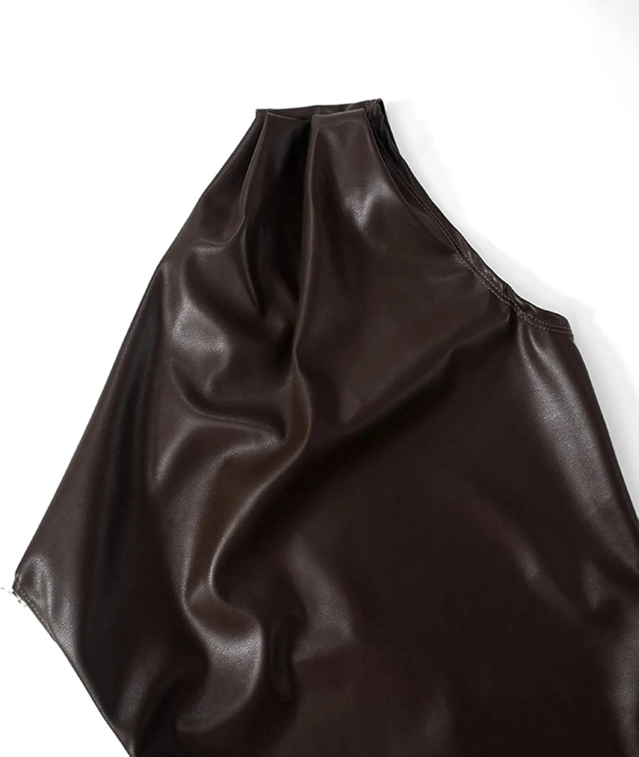 Women's One Shoulder Sleeveless Leather Tank Tops with Side Zipper Pleated Slim Asymmetrical Hem Trendy Summer Blouse
