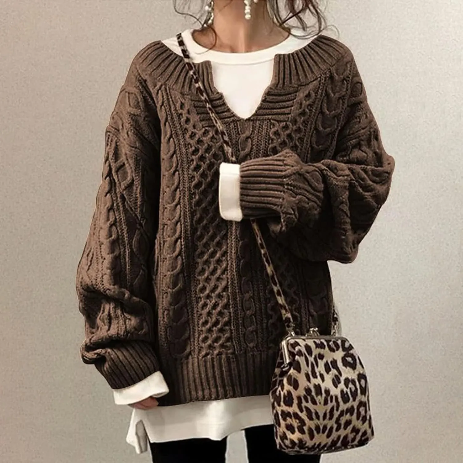 Women's Oversized Off Shoulder Cable Knit V Neck Long Sleeve Sweaters Pullover Loose Fitting Jumper Tops Plus Size