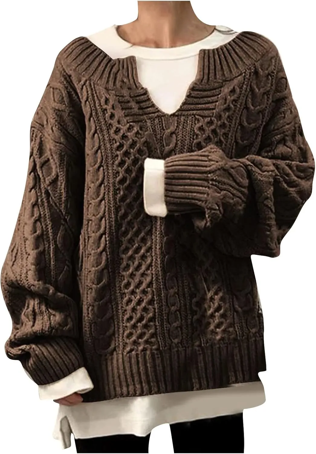 Women's Oversized Off Shoulder Cable Knit V Neck Long Sleeve Sweaters Pullover Loose Fitting Jumper Tops Plus Size