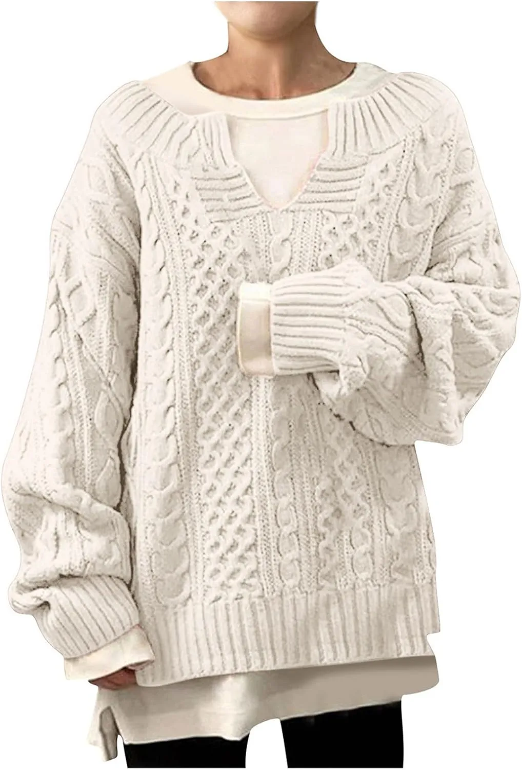 Women's Oversized Off Shoulder Cable Knit V Neck Long Sleeve Sweaters Pullover Loose Fitting Jumper Tops Plus Size