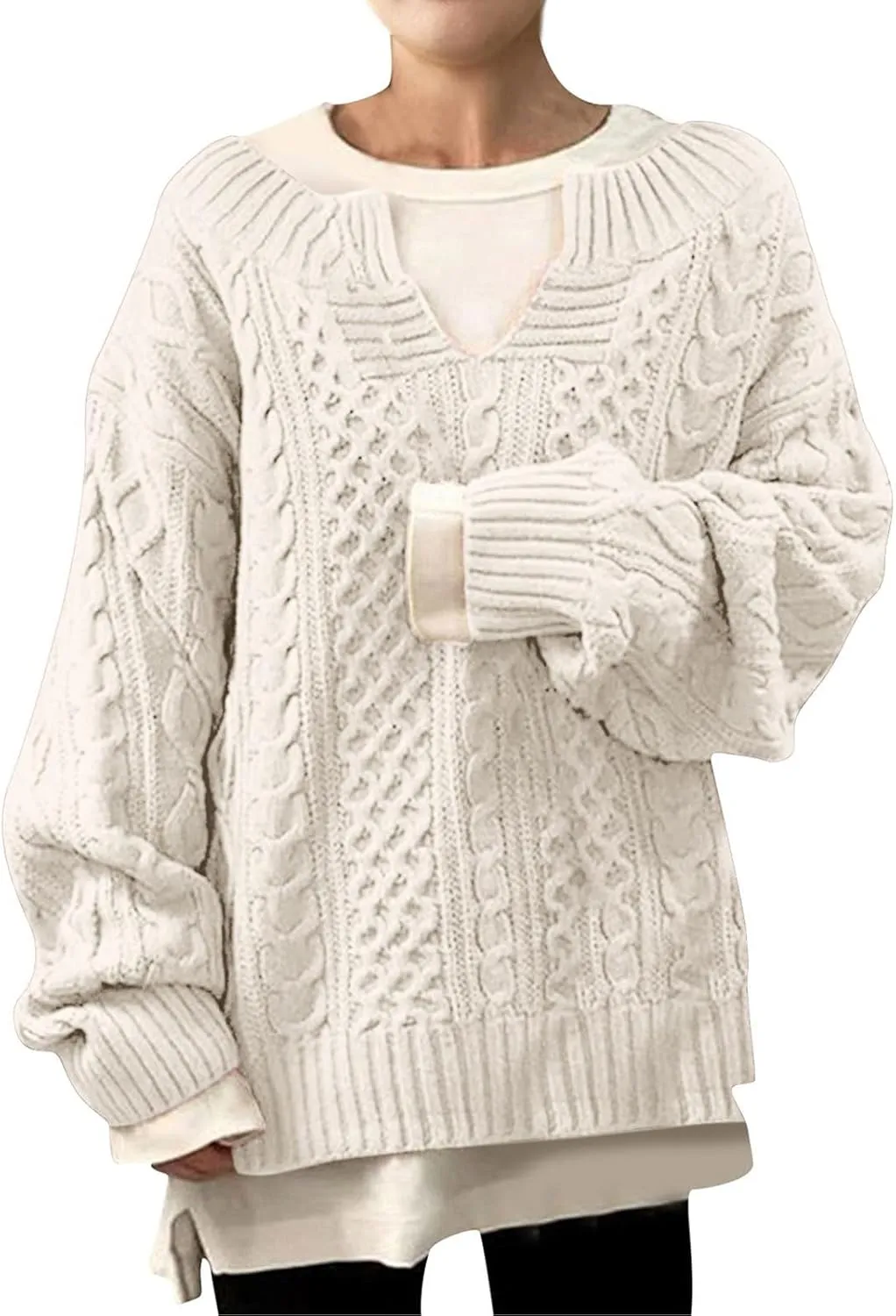 Women's Oversized Off Shoulder Cable Knit V Neck Long Sleeve Sweaters Pullover Loose Fitting Jumper Tops Plus Size