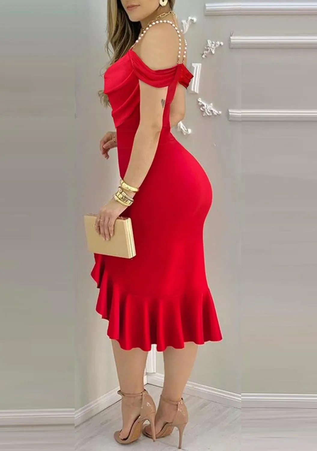Women's Pearl Strap Off Shoulder Dress Sleeveless Elegant Midi Dresses Formal Ruched Dresses
