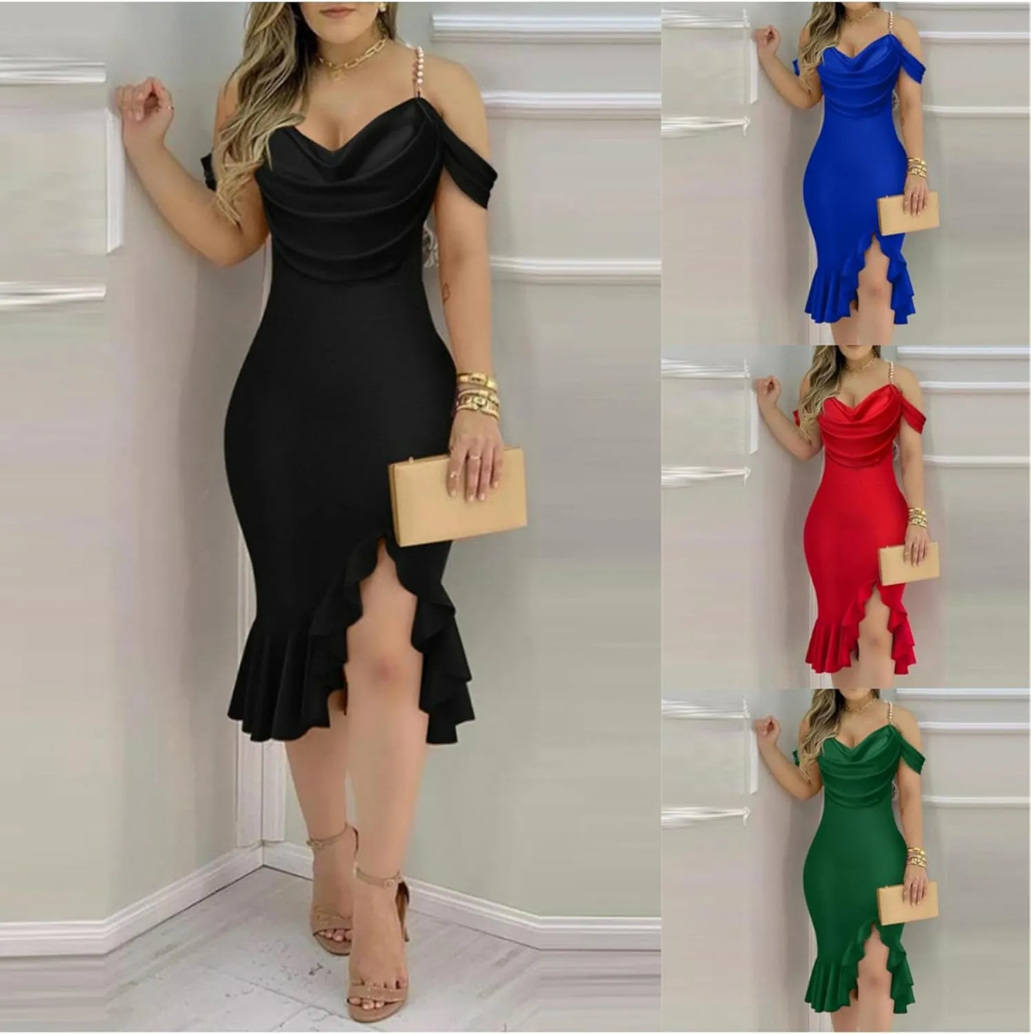 Women's Pearl Strap Off Shoulder Dress Sleeveless Elegant Midi Dresses Formal Ruched Dresses