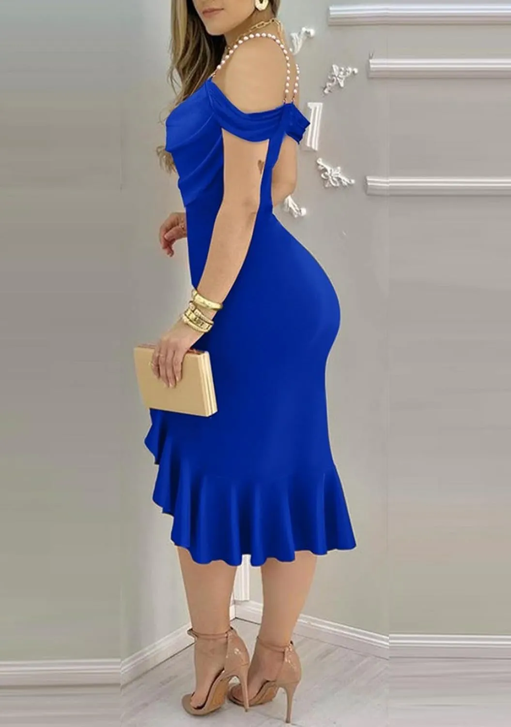 Women's Pearl Strap Off Shoulder Dress Sleeveless Elegant Midi Dresses Formal Ruched Dresses