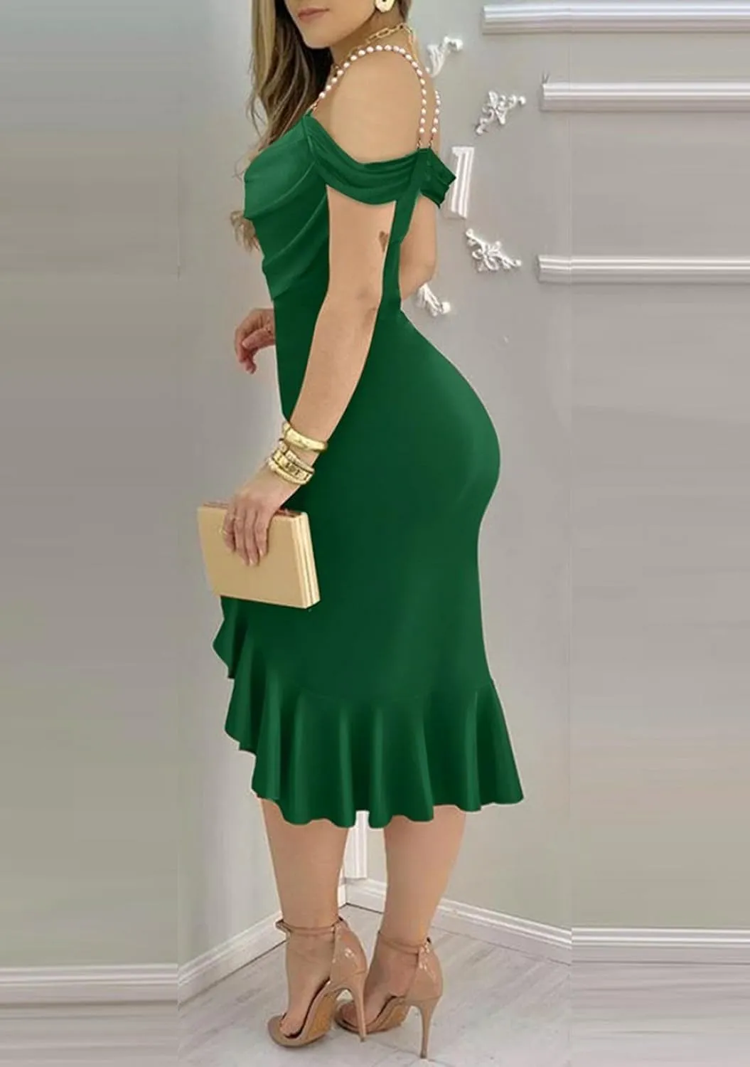 Women's Pearl Strap Off Shoulder Dress Sleeveless Elegant Midi Dresses Formal Ruched Dresses