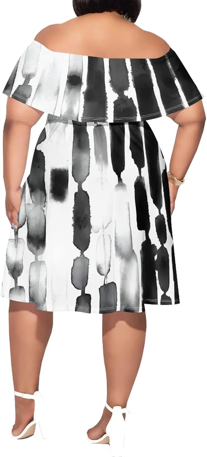 Women's Plus Size Off Shoulder Dress Bohemian Style Pattern Print Cute Mini Dress Summer Off Shoulder Pleated Skirt