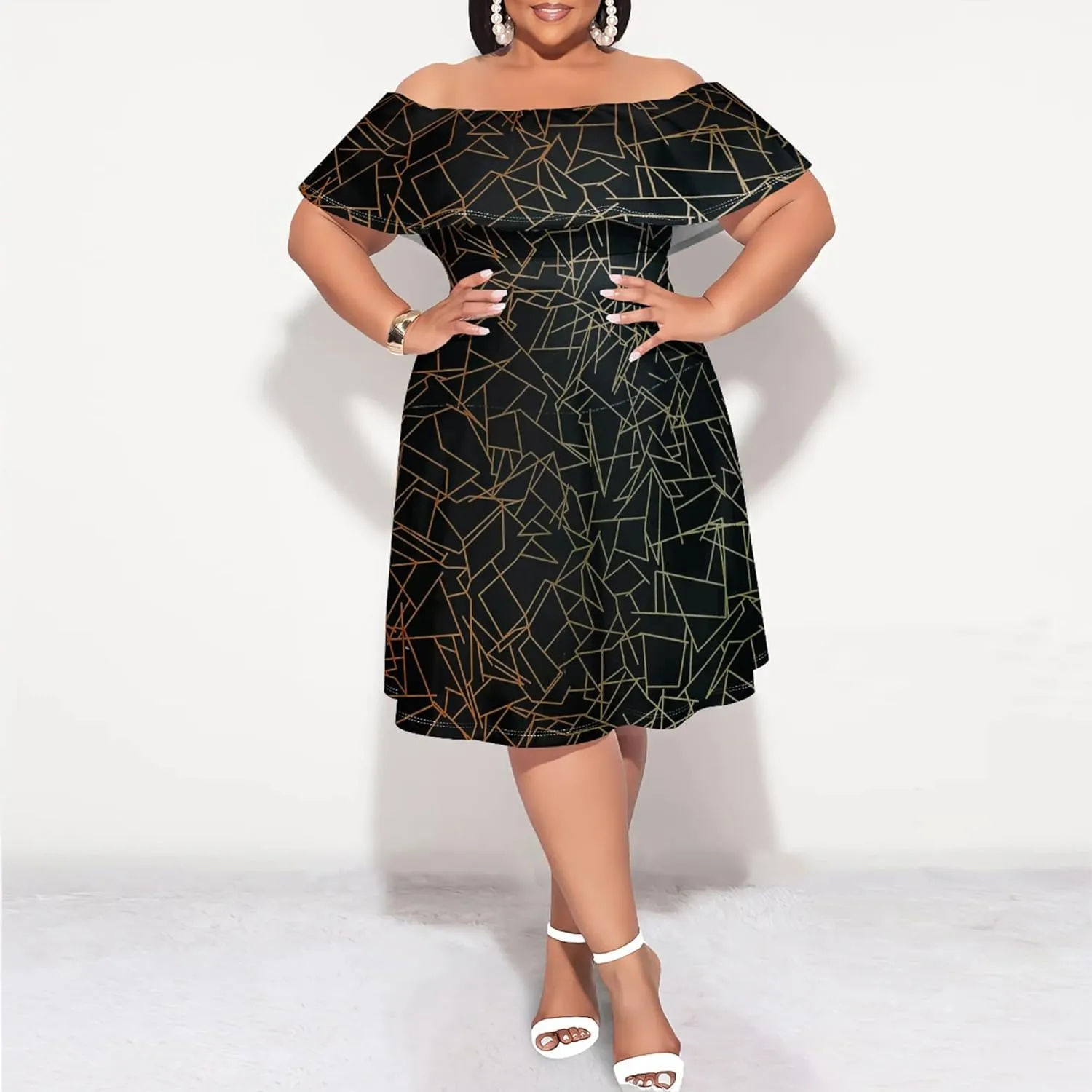 Women's Plus Size Off Shoulder Dress Bohemian Style Pattern Print Cute Mini Dress Summer Off Shoulder Pleated Skirt