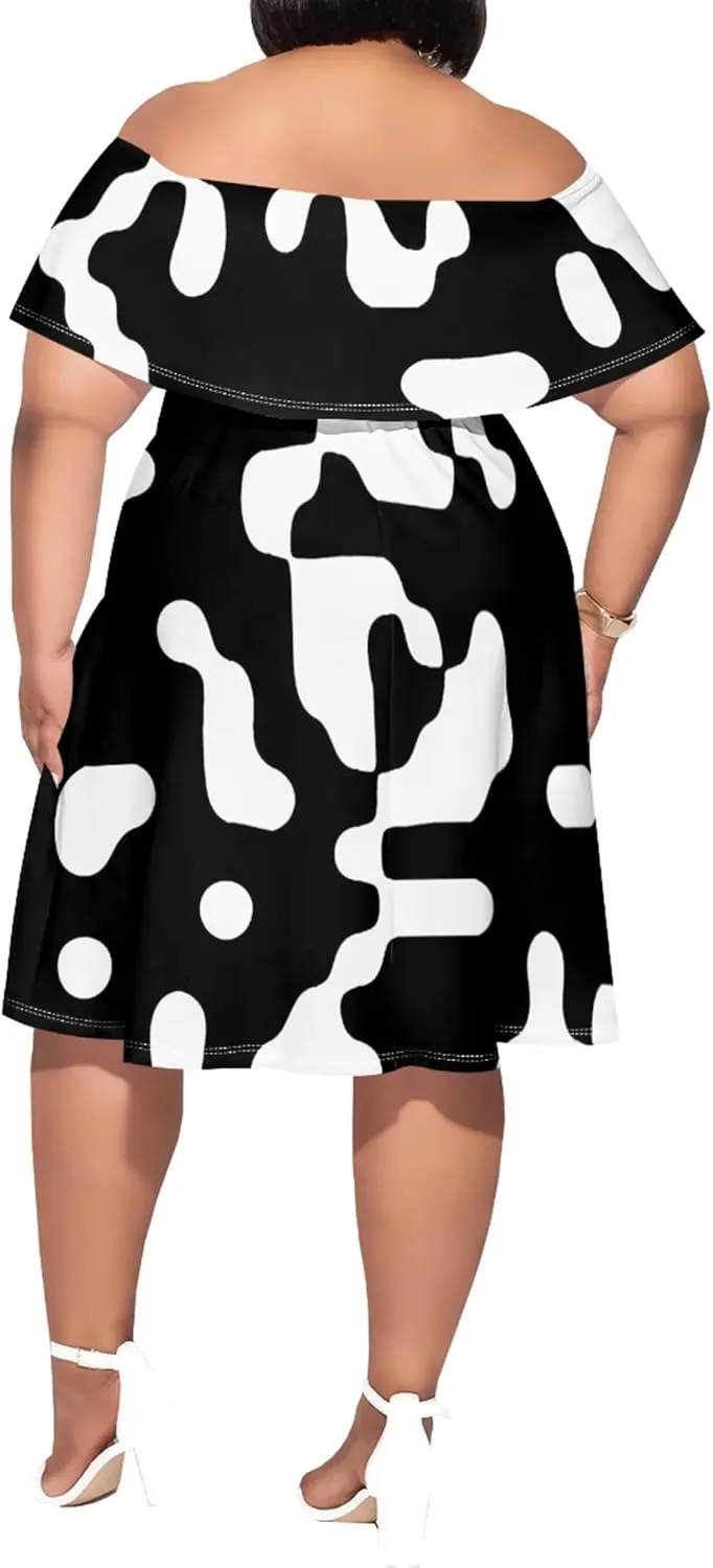 Women's Plus Size Off Shoulder Dress Bohemian Style Pattern Print Cute Mini Dress Summer Off Shoulder Pleated Skirt