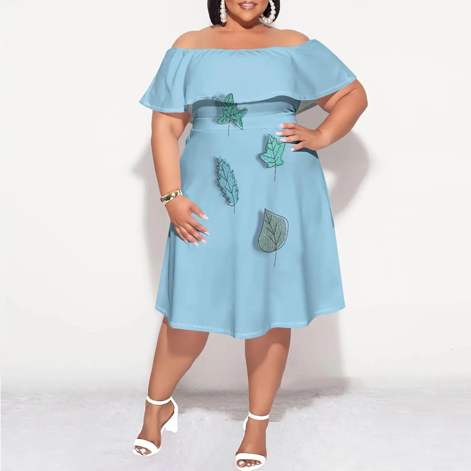 Women's Plus Size Off Shoulder Dress Bohemian Style Pattern Print Cute Mini Dress Summer Off Shoulder Pleated Skirt
