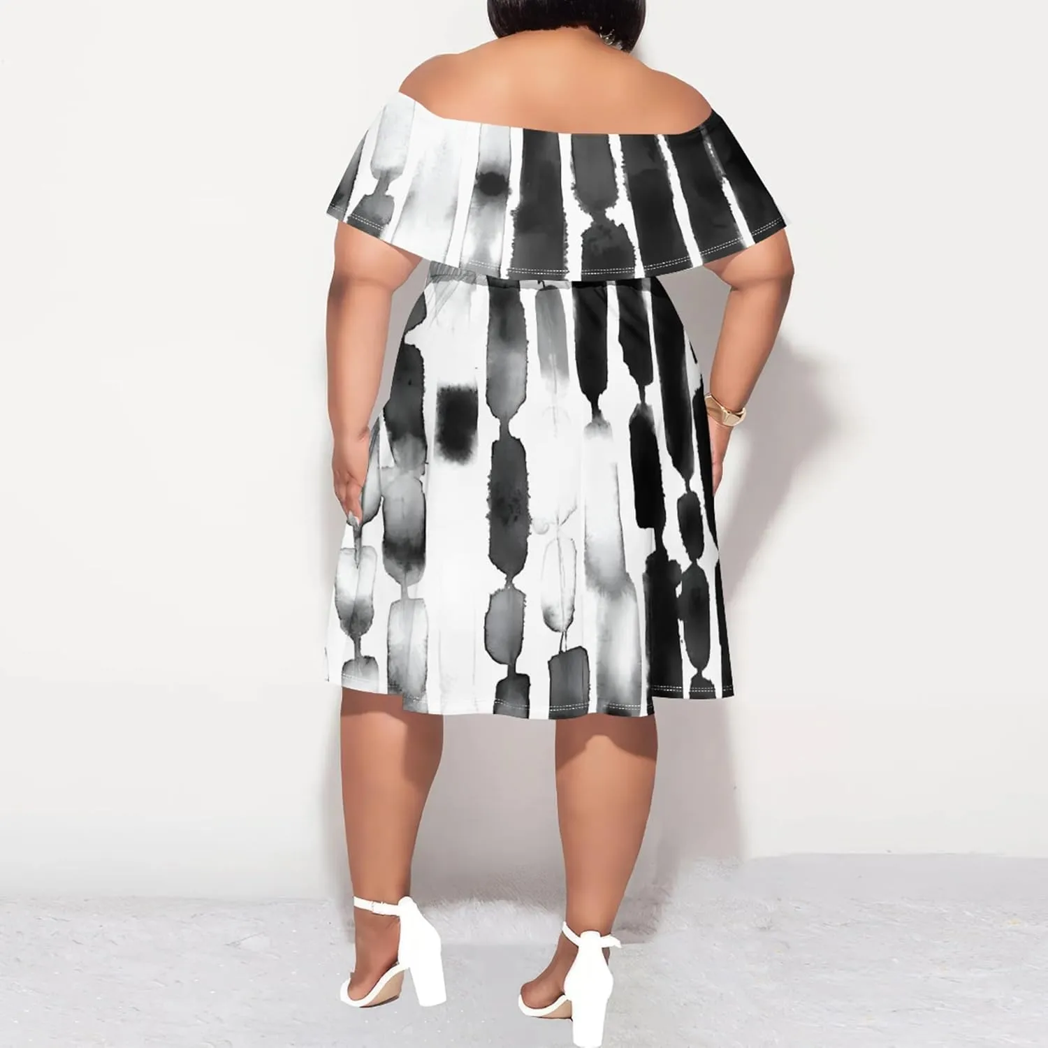 Women's Plus Size Off Shoulder Dress Bohemian Style Pattern Print Cute Mini Dress Summer Off Shoulder Pleated Skirt
