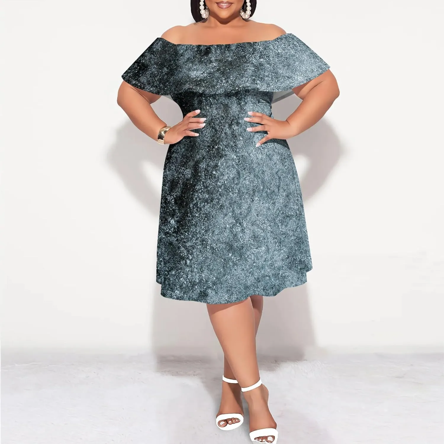 Women's Plus Size Off Shoulder Dress Bohemian Style Pattern Print Cute Mini Dress Summer Off Shoulder Pleated Skirt